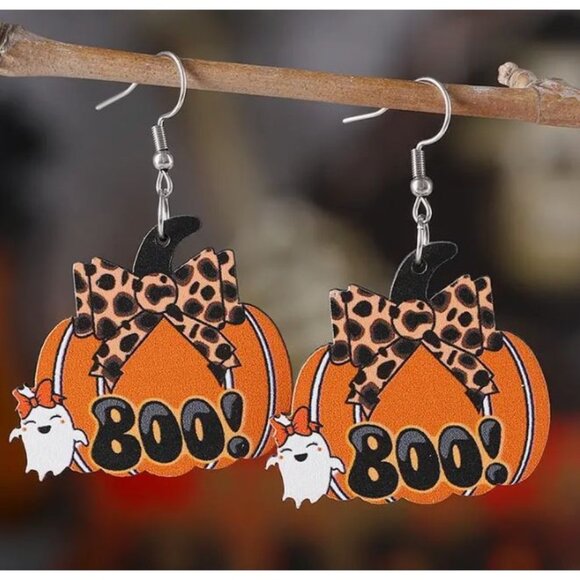 Halloween Pumpkin & Ghost Earrings With‎ Leopard Bow NEW - Picture 1 of 2